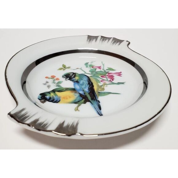Norleans Ashtray Parrot Bird Japan Hand Paint Dish Ring Hold Porcelain Bl/Grn/Yl - Picture 6 of 9